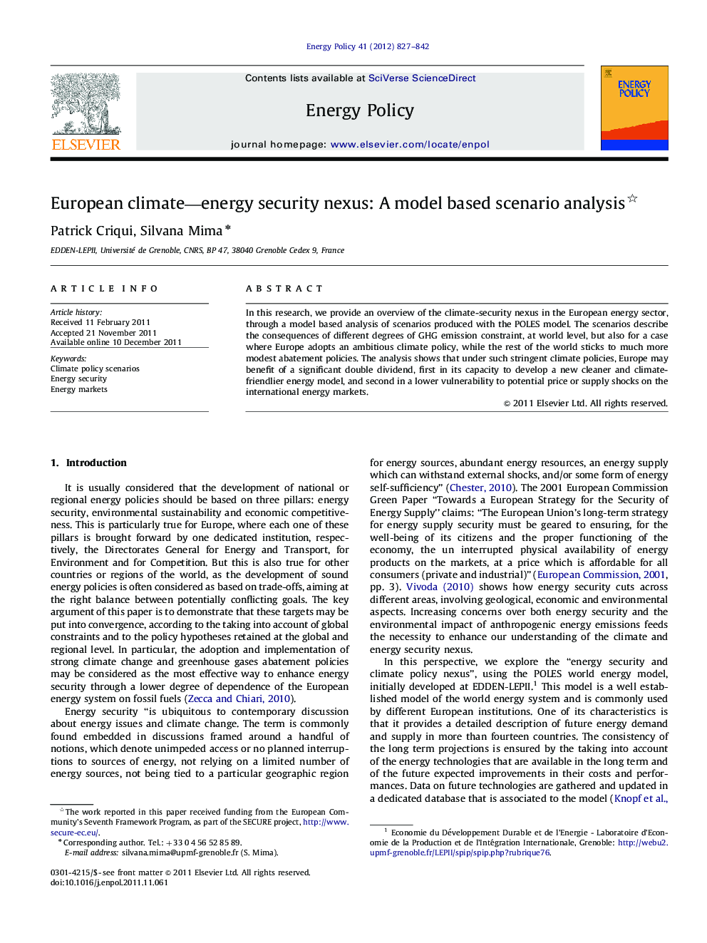 European climate-energy security nexus: A model based scenario analysis