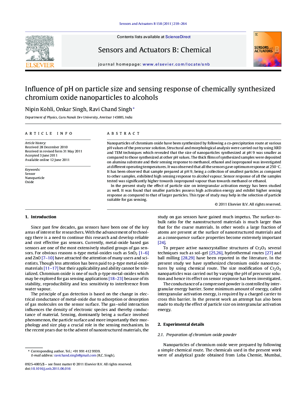 Influence of pH on particle size and sensing response of chemically synthesized chromium oxide nanoparticles to alcohols