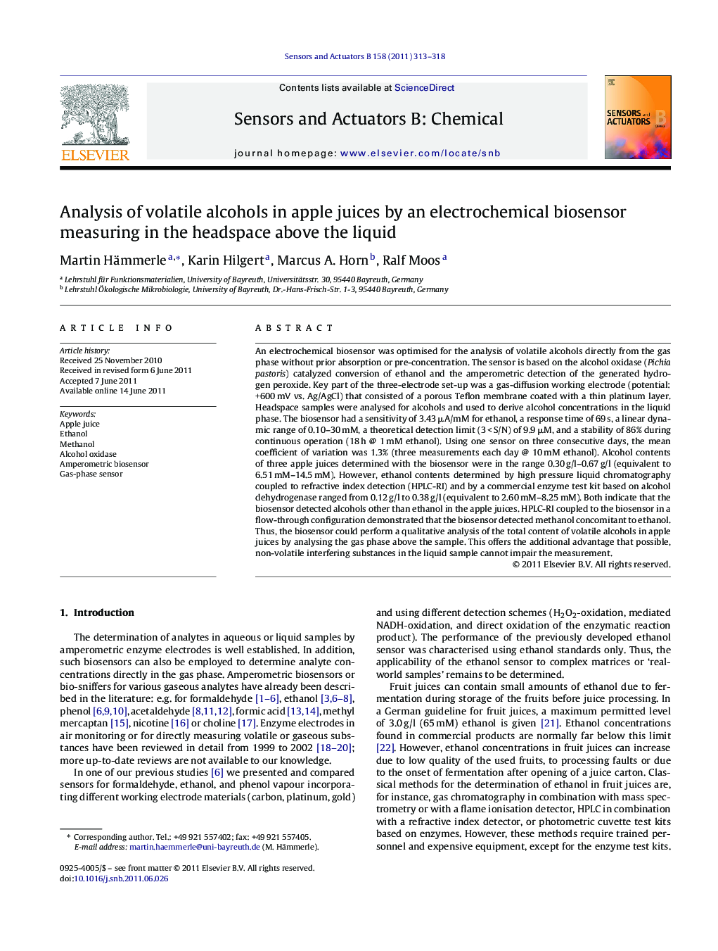 Analysis of volatile alcohols in apple juices by an electrochemical biosensor measuring in the headspace above the liquid