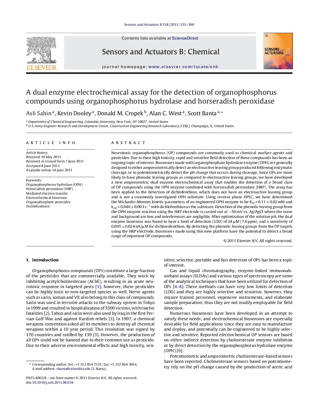 A dual enzyme electrochemical assay for the detection of organophosphorus compounds using organophosphorus hydrolase and horseradish peroxidase