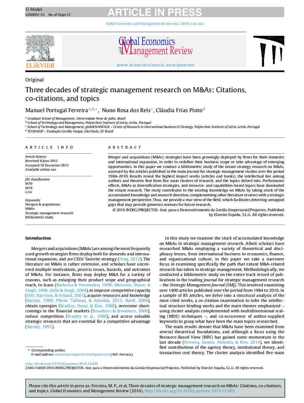 Three decades of strategic management research on M&As: Citations, co-citations, and topics