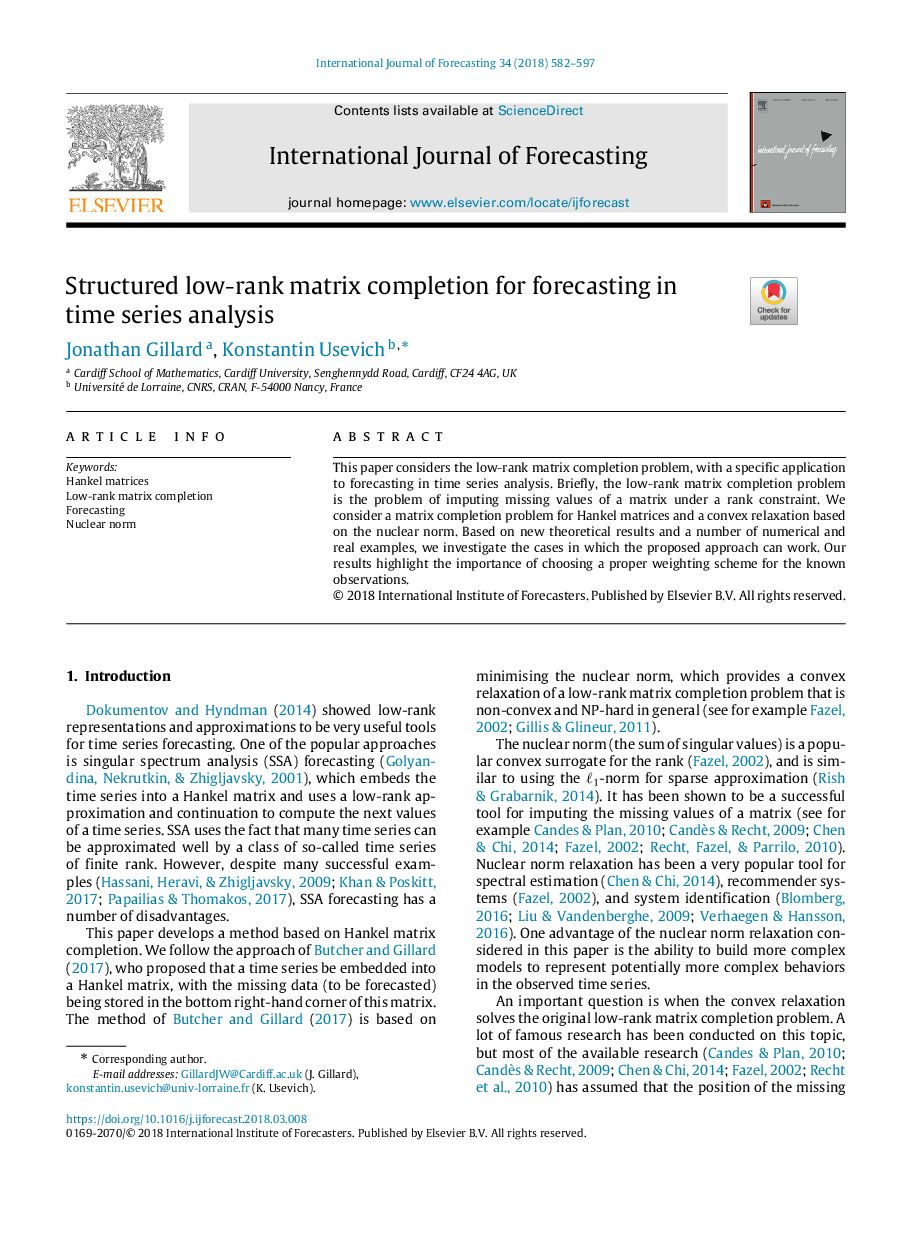 Structured low-rank matrix completion for forecasting in time series analysis