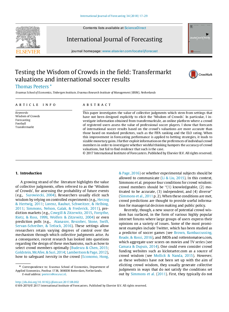 Testing the Wisdom of Crowds in the field: Transfermarkt valuations and international soccer results