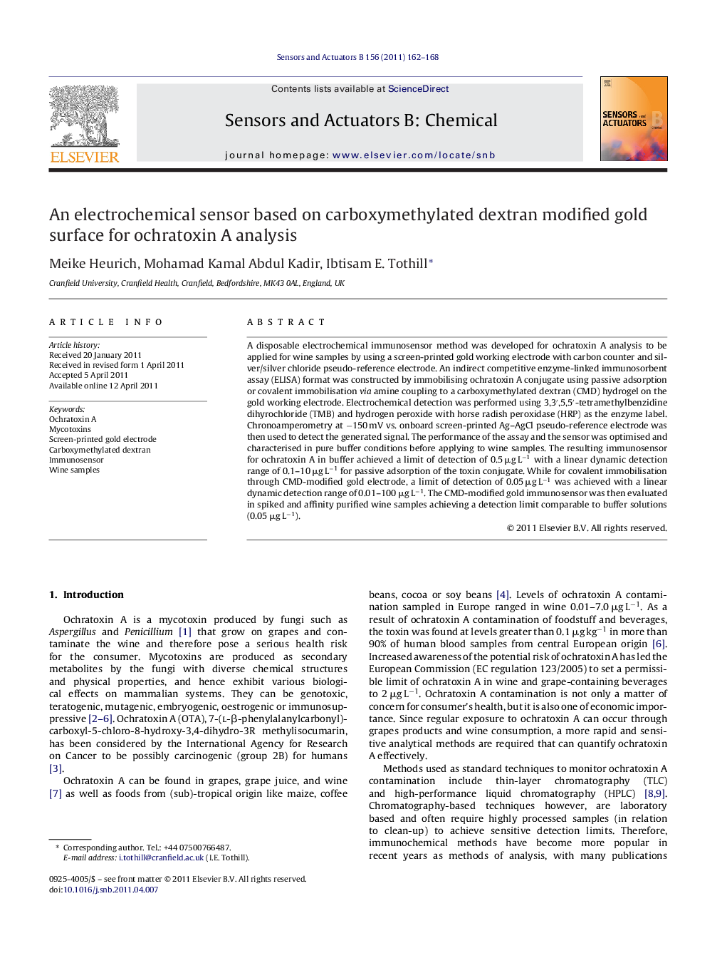 An electrochemical sensor based on carboxymethylated dextran modified gold surface for ochratoxin A analysis