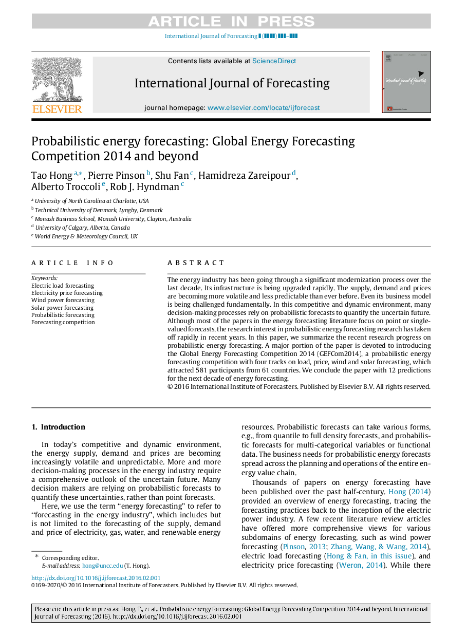 Probabilistic energy forecasting: Global Energy Forecasting Competition 2014 and beyond