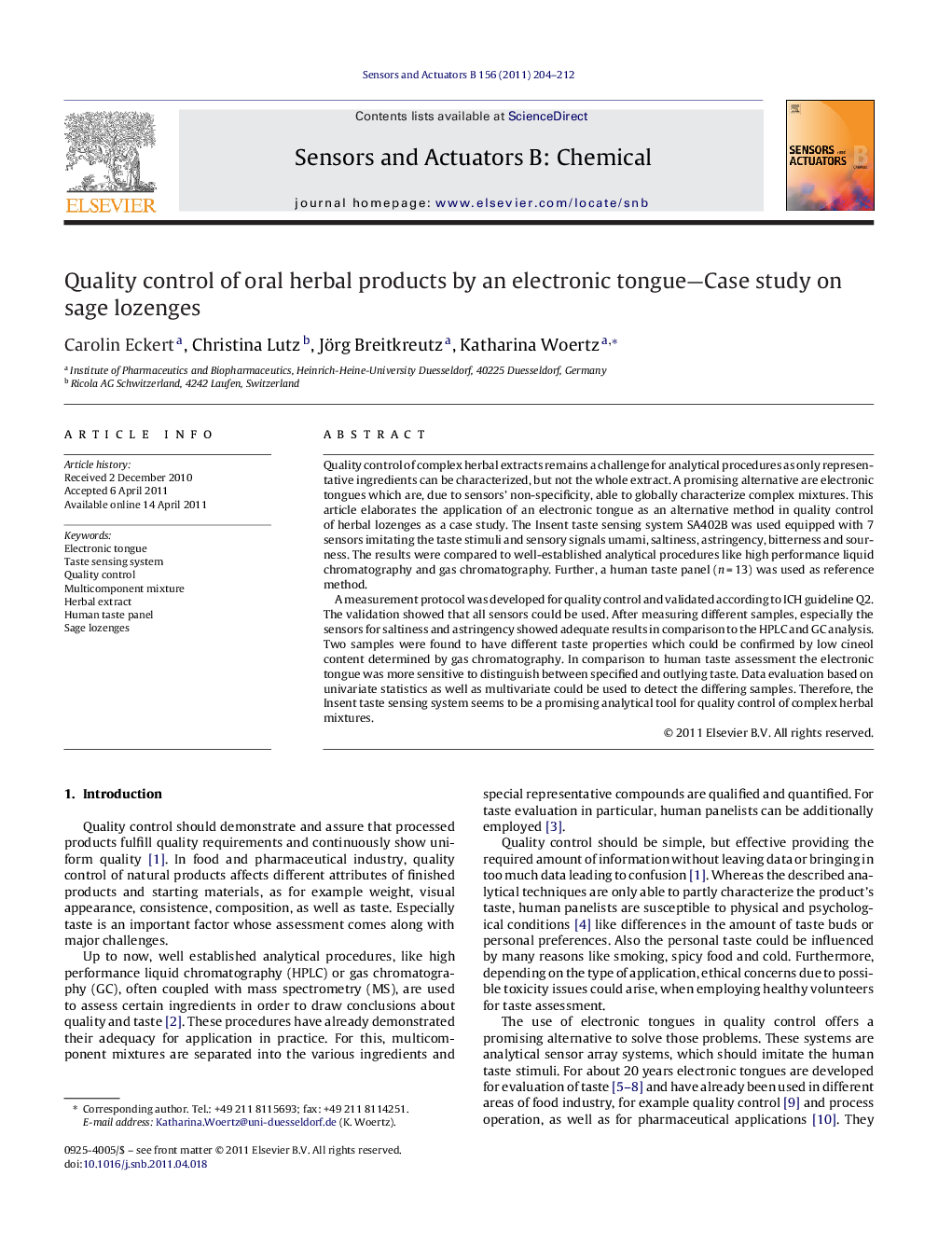 Quality control of oral herbal products by an electronic tongue—Case study on sage lozenges