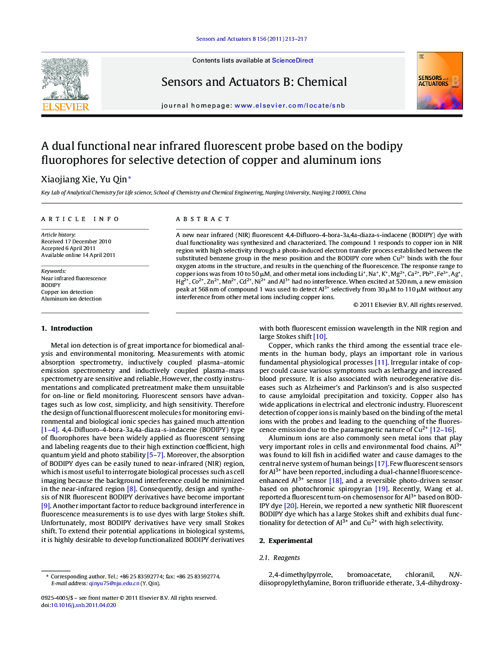 A dual functional near infrared fluorescent probe based on the bodipy fluorophores for selective detection of copper and aluminum ions