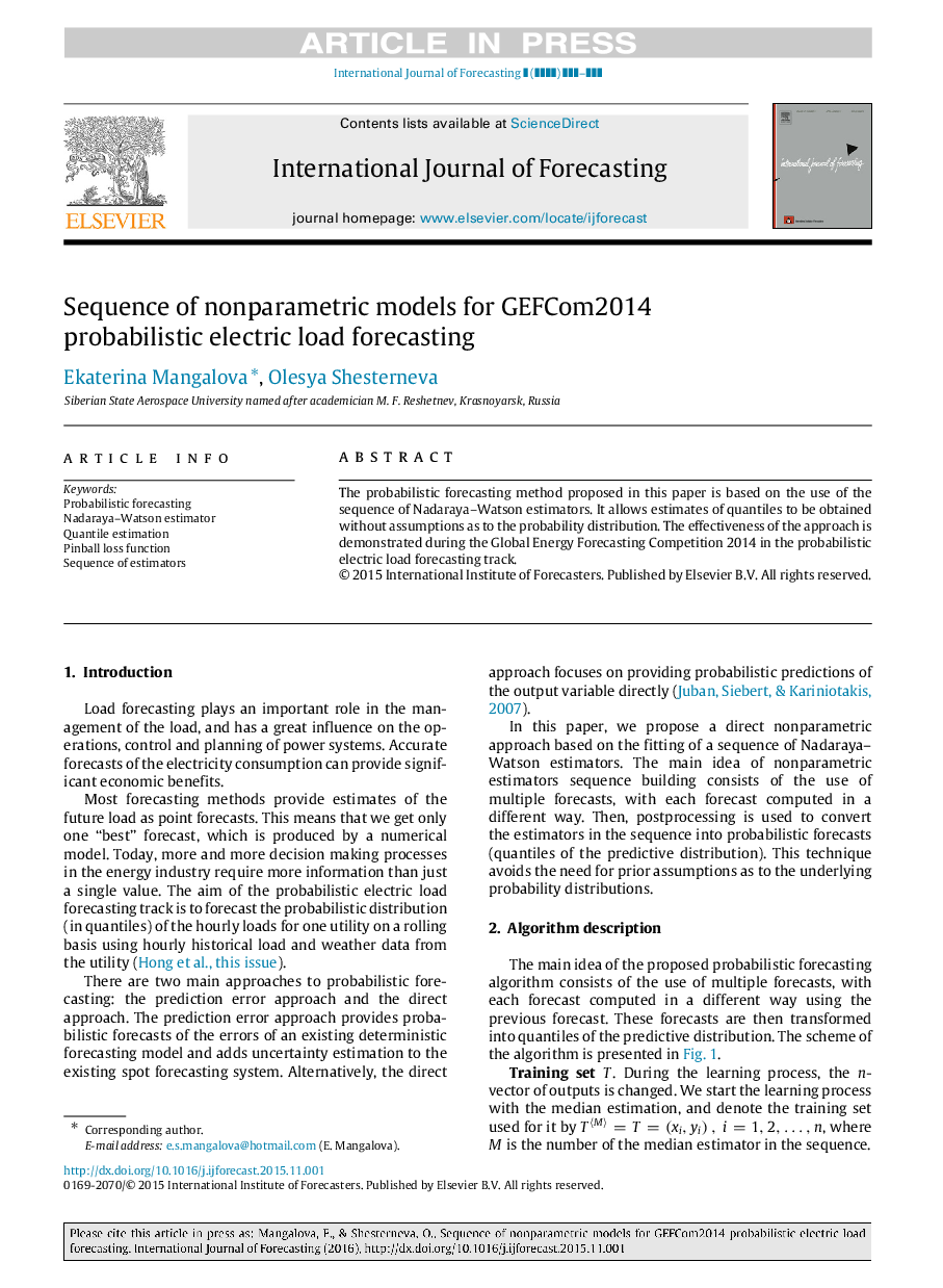 Sequence of nonparametric models for GEFCom2014 probabilistic electric load forecasting