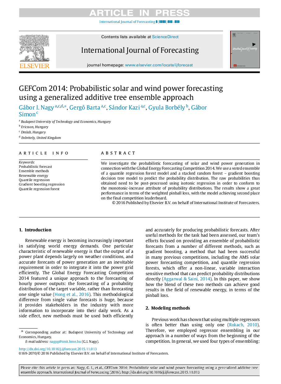 GEFCom2014: Probabilistic solar and wind power forecasting using a generalized additive tree ensemble approach