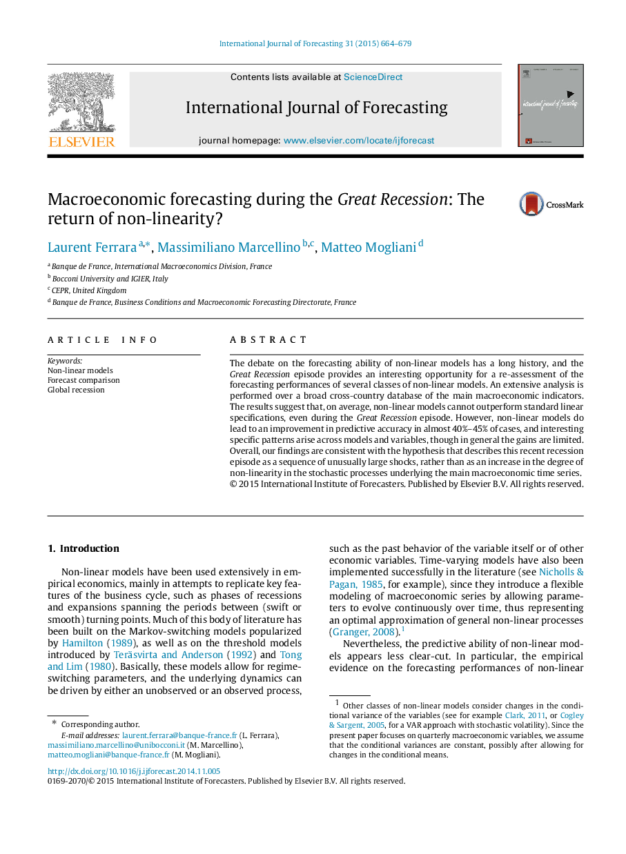 Macroeconomic forecasting during the Great Recession: The return of non-linearity?