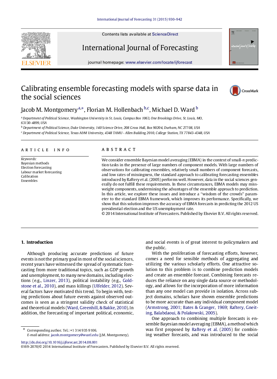 Calibrating ensemble forecasting models with sparse data in the social sciences