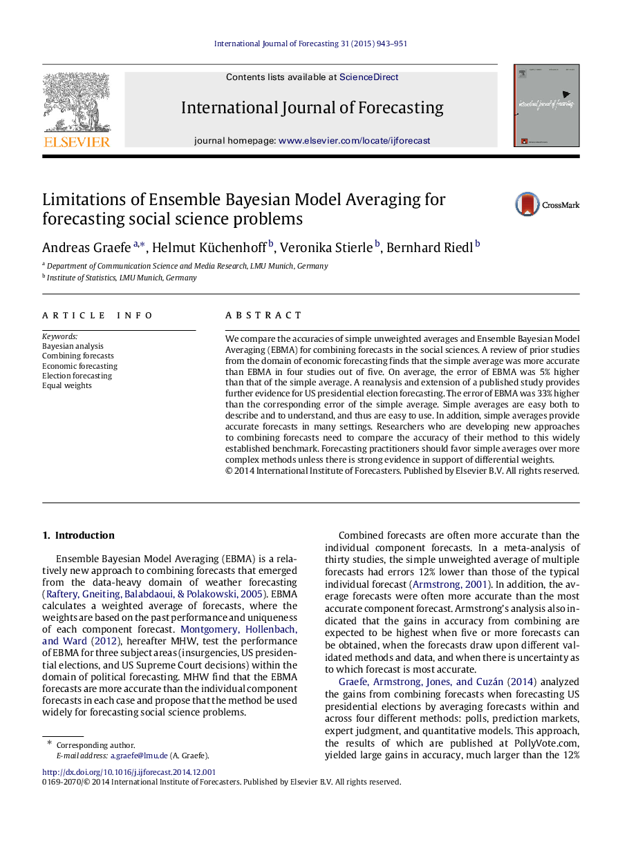 Limitations of Ensemble Bayesian Model Averaging for forecasting social science problems