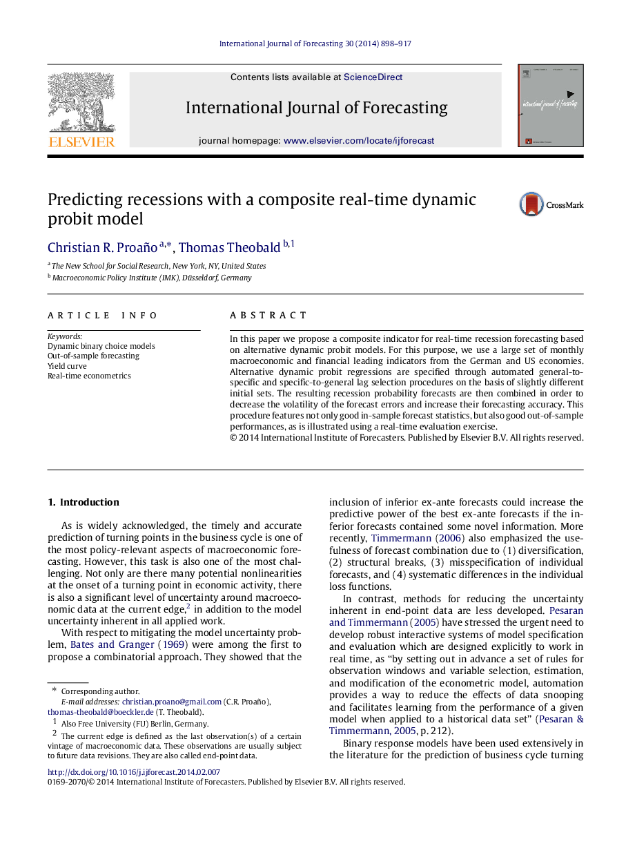 Predicting recessions with a composite real-time dynamic probit model