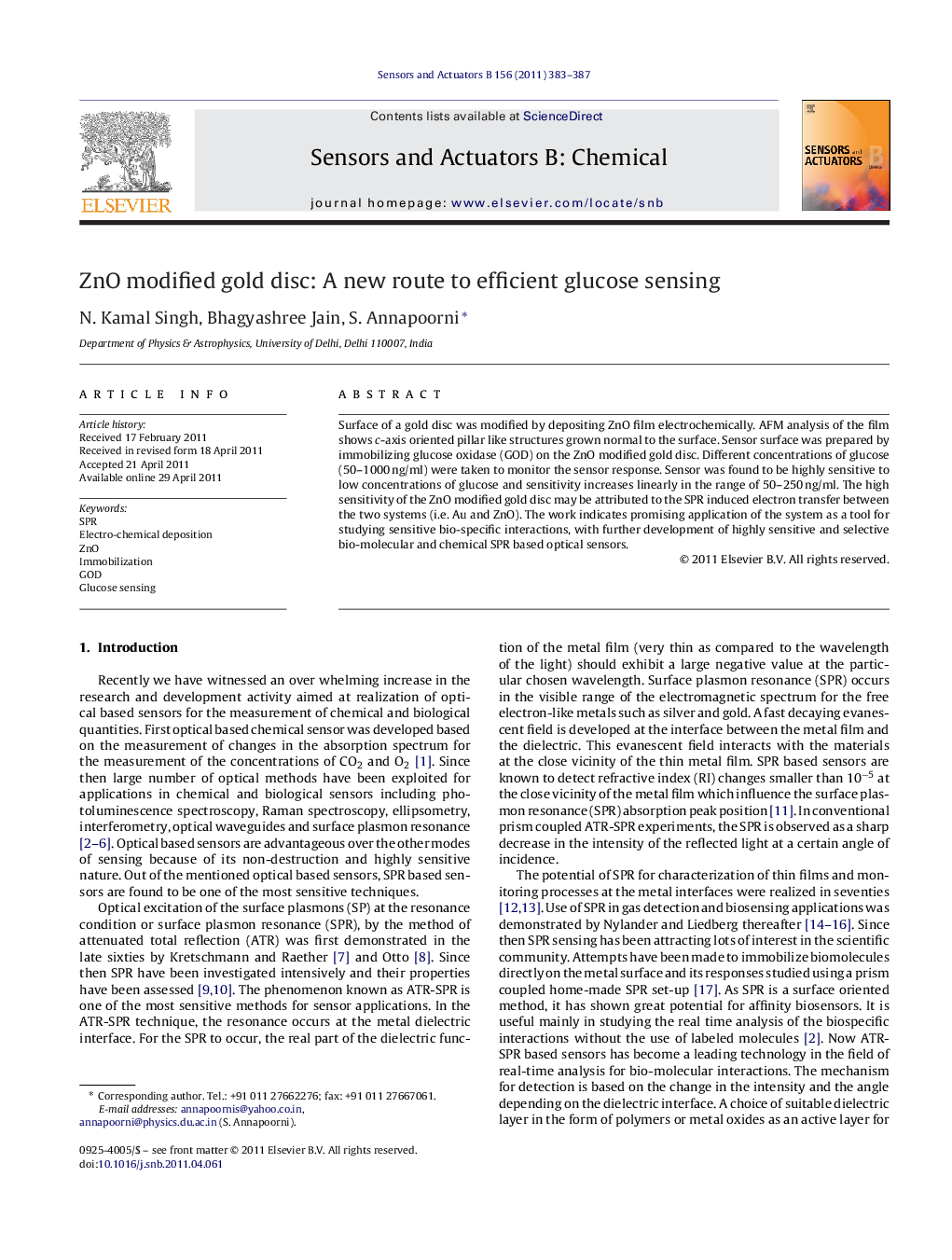 ZnO modified gold disc: A new route to efficient glucose sensing