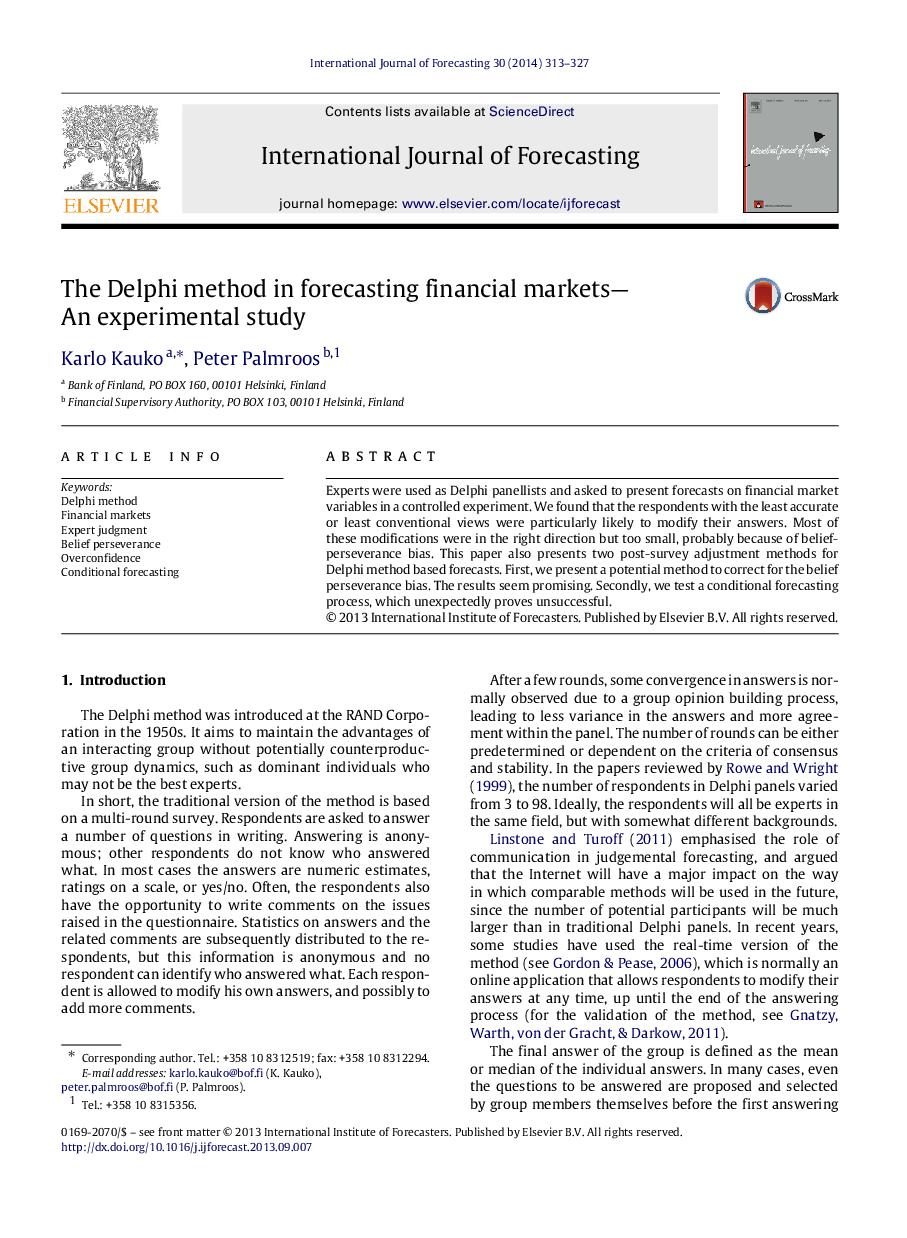 The Delphi method in forecasting financial markets- An experimental study