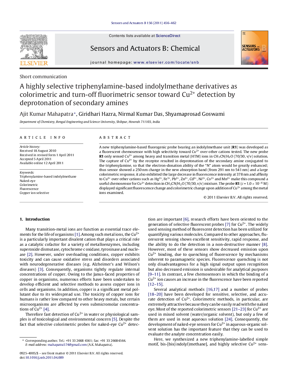 A highly selective triphenylamine-based indolylmethane derivatives as colorimetric and turn-off fluorimetric sensor toward Cu2+ detection by deprotonation of secondary amines