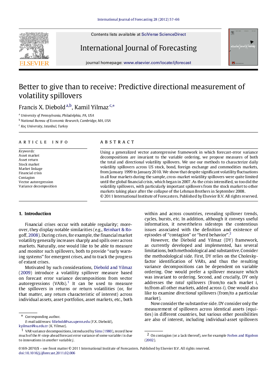 Better to give than to receive: Predictive directional measurement of volatility spillovers