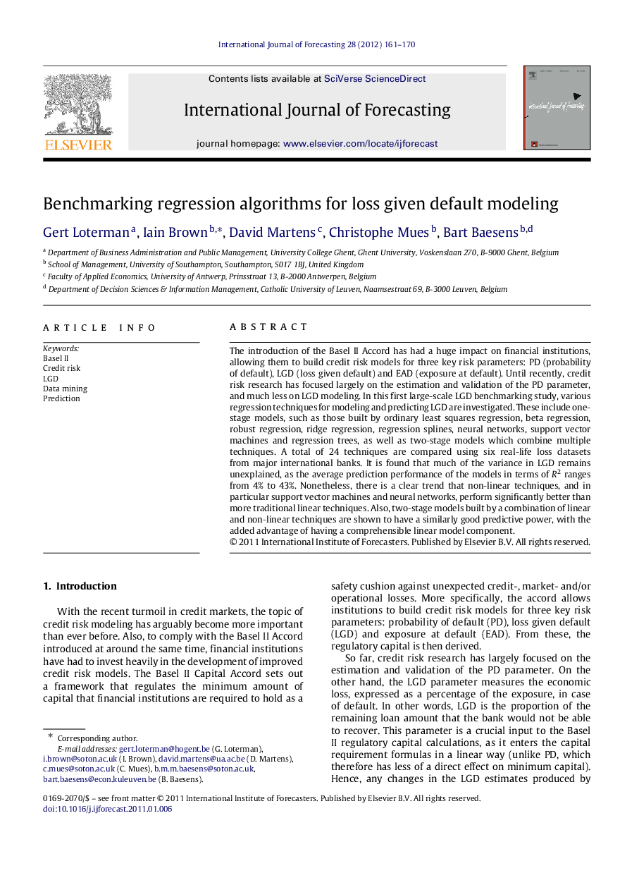 Benchmarking regression algorithms for loss given default modeling