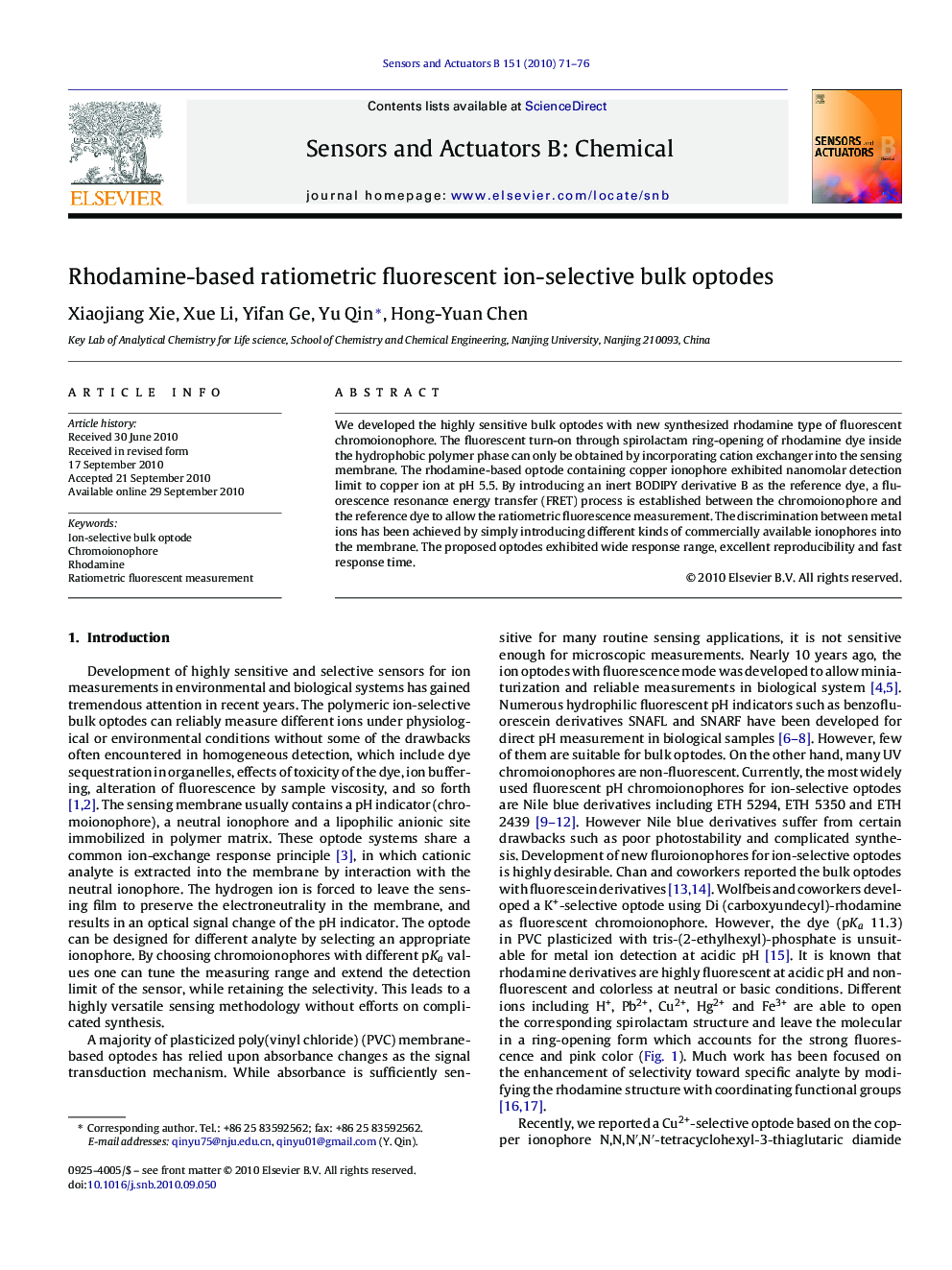 Rhodamine-based ratiometric fluorescent ion-selective bulk optodes