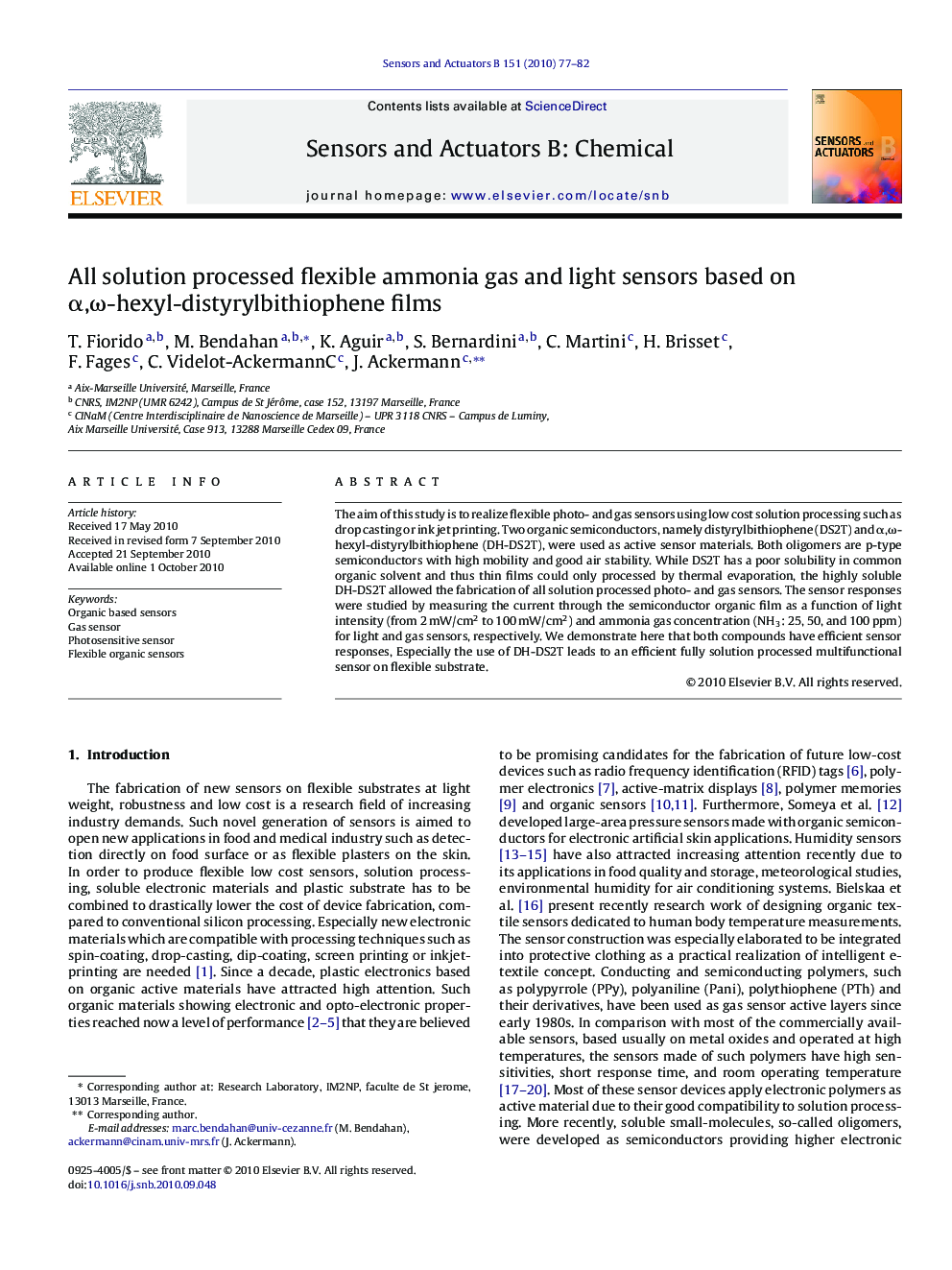 All solution processed flexible ammonia gas and light sensors based on α,ω-hexyl-distyrylbithiophene films