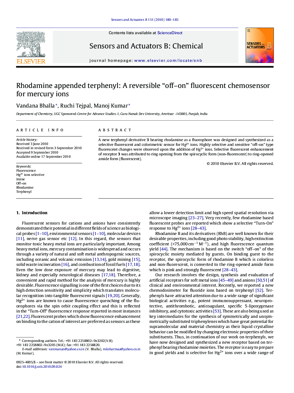 Rhodamine appended terphenyl: A reversible “off–on” fluorescent chemosensor for mercury ions