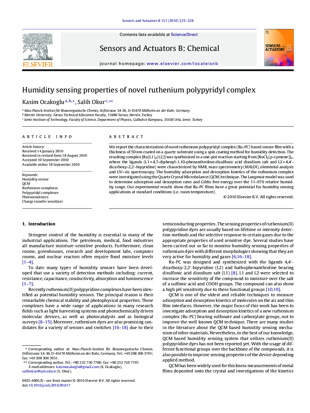 Humidity sensing properties of novel ruthenium polypyridyl complex
