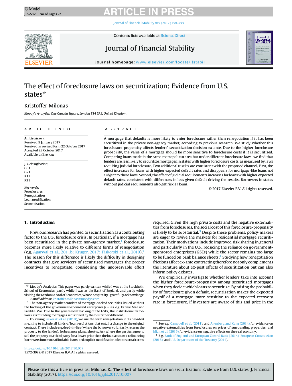 The effect of foreclosure laws on securitization: Evidence from U.S. states