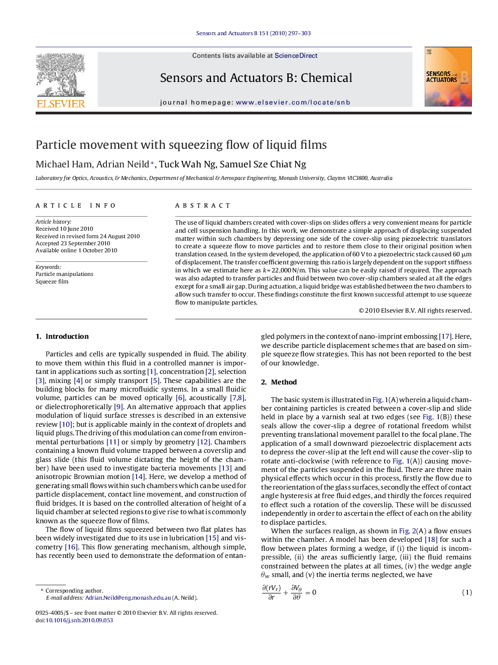 عکس صفحه اول مقاله: Particle movement with squeezing flow of liquid films Particle movement with squeezing flow of liquid films