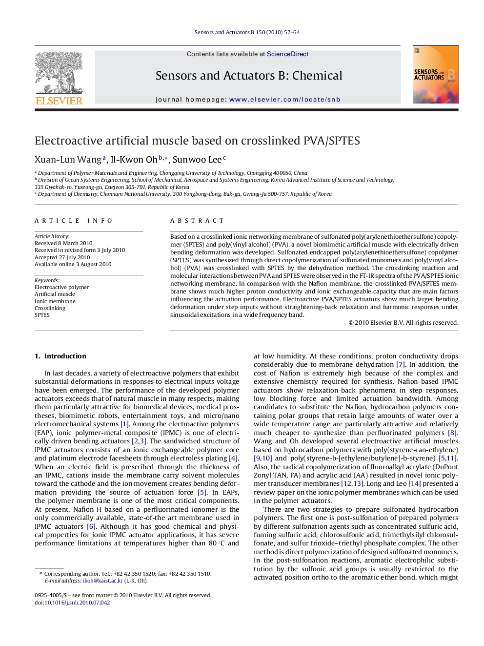 Electroactive artificial muscle based on crosslinked PVA/SPTES