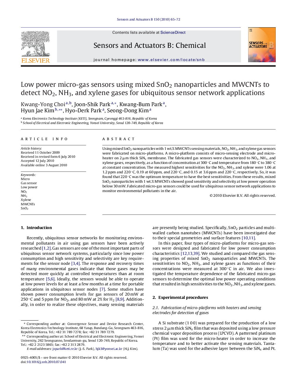 Low power micro-gas sensors using mixed SnO2 nanoparticles and MWCNTs to detect NO2, NH3, and xylene gases for ubiquitous sensor network applications