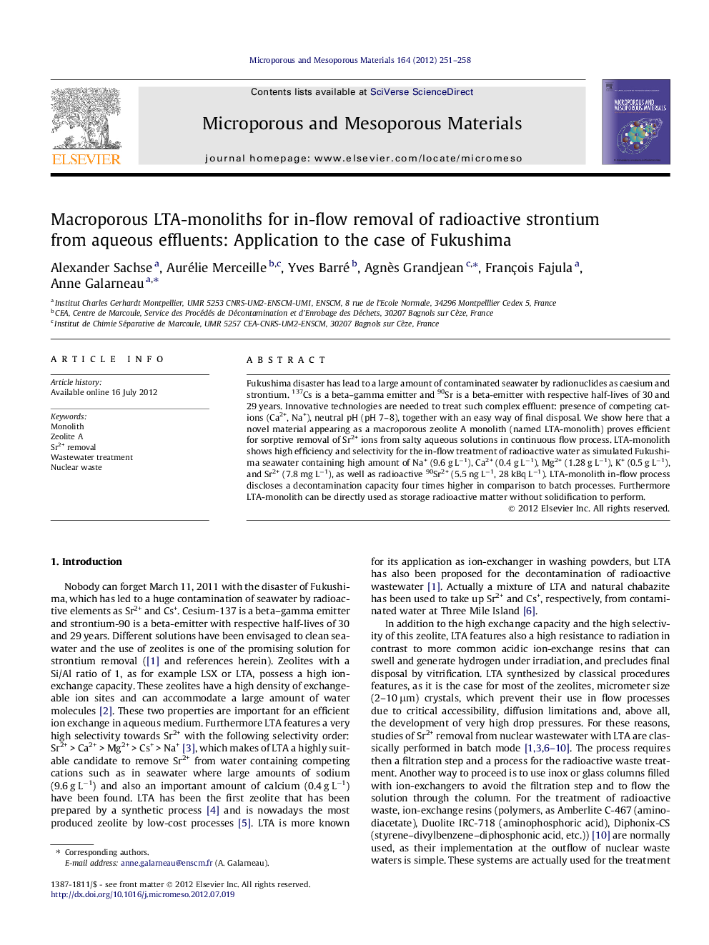 Macroporous LTA-monoliths for in-flow removal of radioactive strontium from aqueous effluents: Application to the case of Fukushima