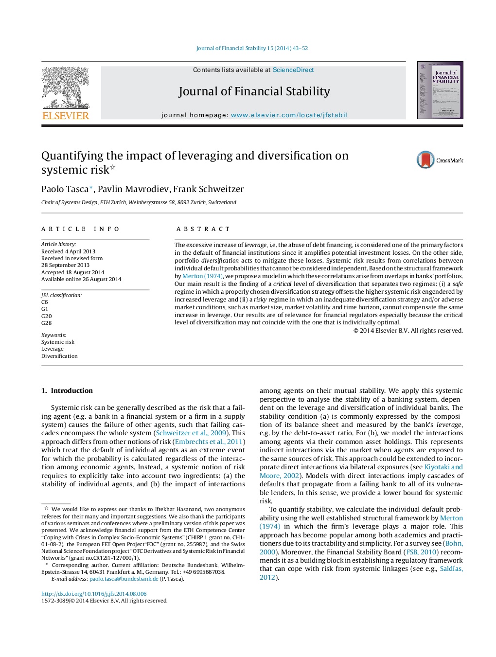 عکس صفحه اول مقاله: Quantifying the impact of leveraging and diversification on systemic risk Quantifying the impact of leveraging and diversification on systemic risk