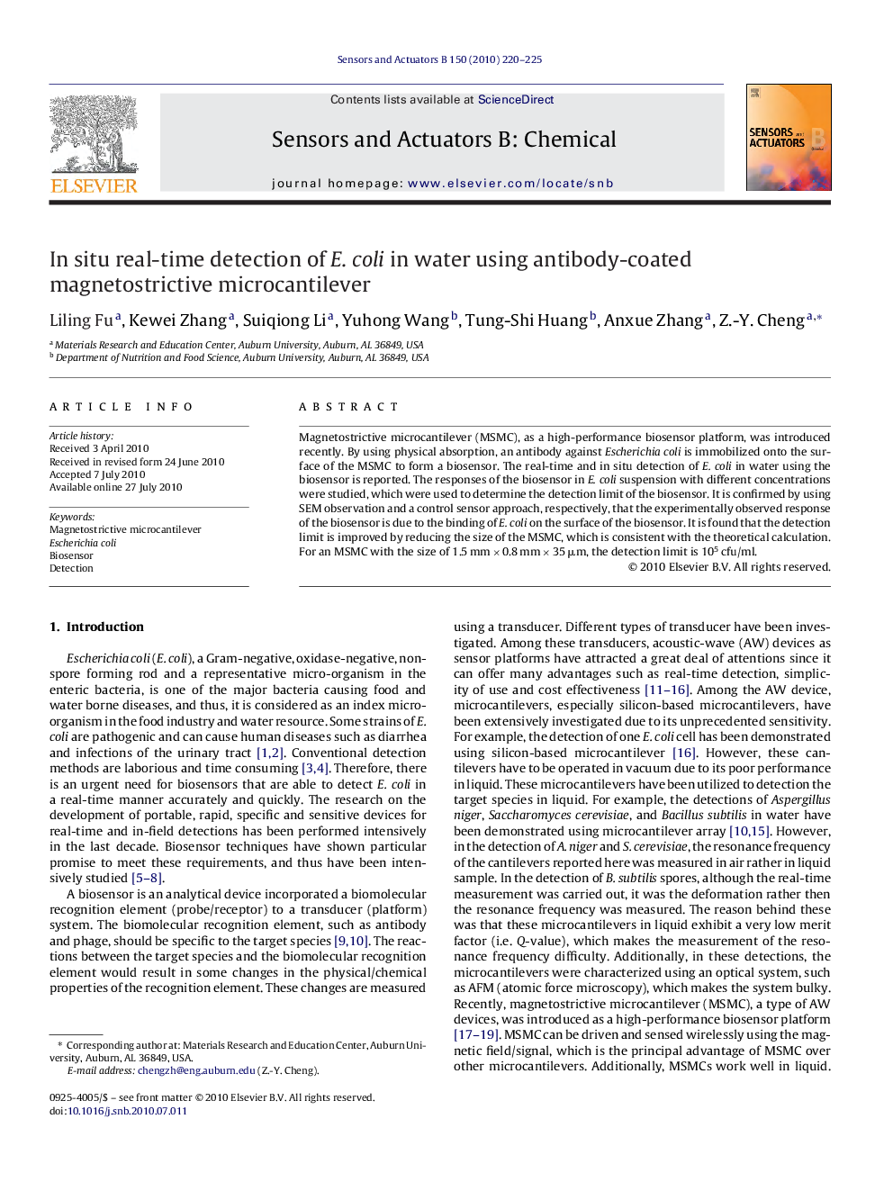 In situ real-time detection of E. coli in water using antibody-coated magnetostrictive microcantilever