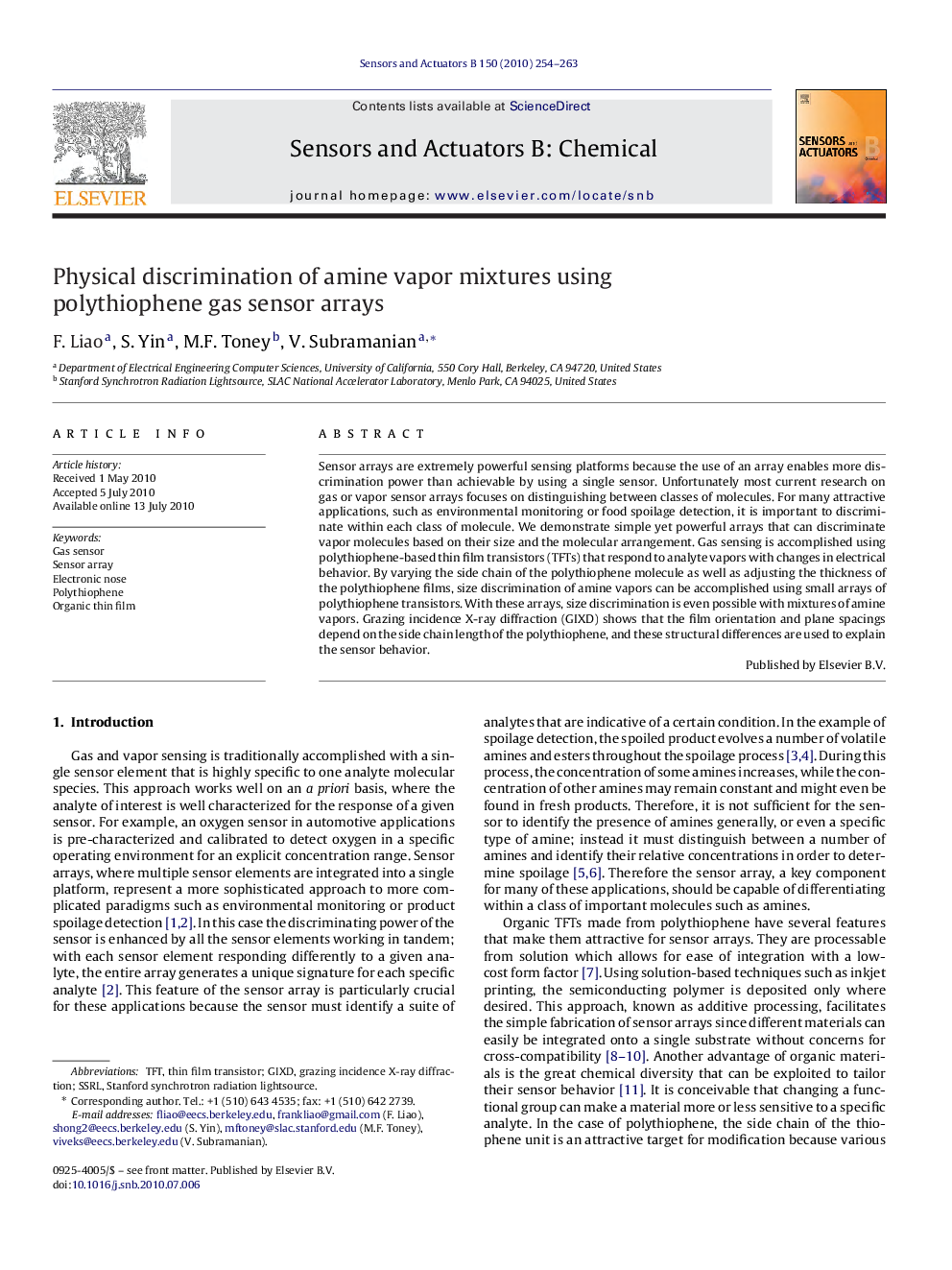 Physical discrimination of amine vapor mixtures using polythiophene gas sensor arrays