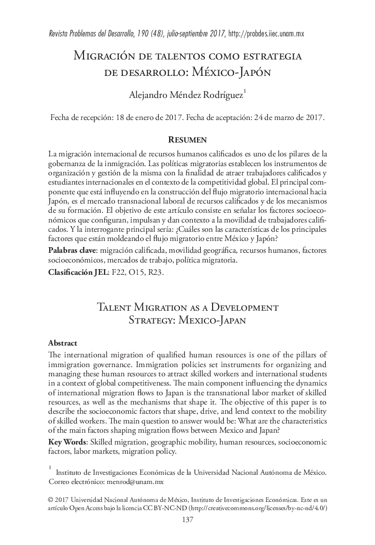 MIGRACIÃN DE TALENTOS COMO ESTRATEGIA DE DESARROLLO: MÃXICO-JAPÃN