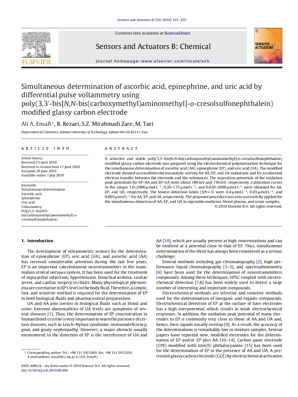 Simultaneous determination of ascorbic acid, epinephrine, and uric acid by differential pulse voltammetry using poly(3,3′-bis[N,N-bis(carboxymethyl)aminomethyl]-o-cresolsulfonephthalein) modified glassy carbon electrode