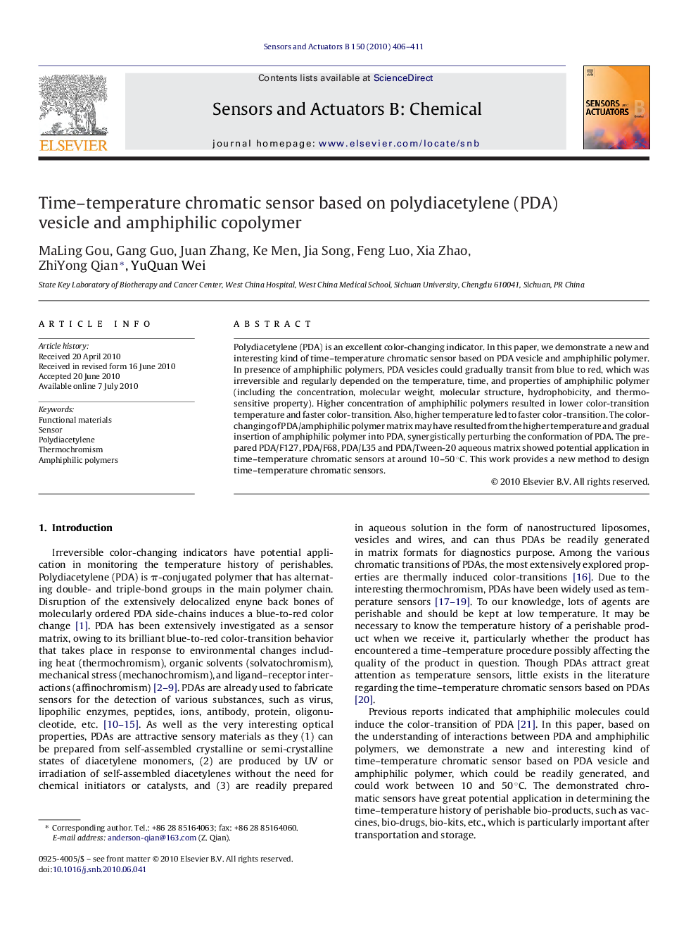 Time–temperature chromatic sensor based on polydiacetylene (PDA) vesicle and amphiphilic copolymer