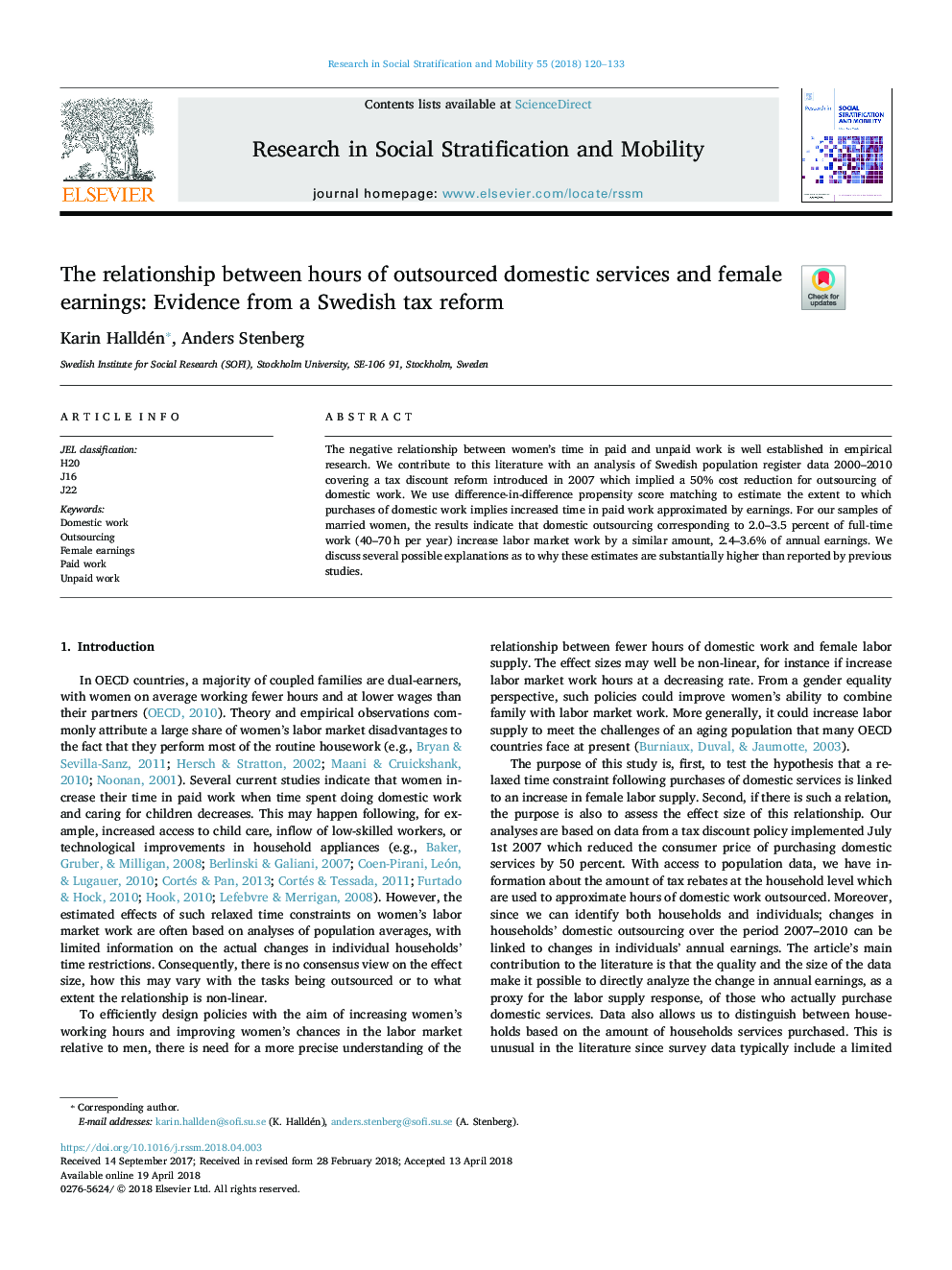 The relationship between hours of outsourced domestic services and female earnings: Evidence from a Swedish tax reform