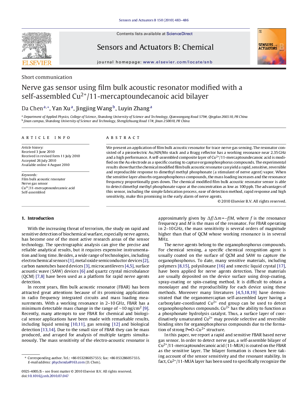 Nerve gas sensor using film bulk acoustic resonator modified with a self-assembled Cu2+/11-mercaptoundecanoic acid bilayer