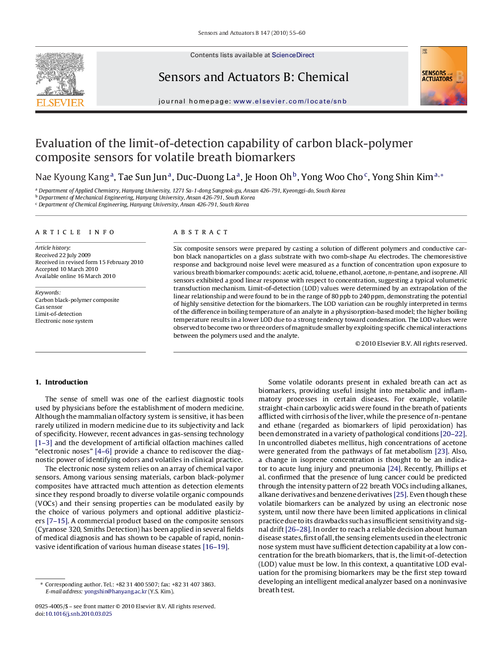 Evaluation of the limit-of-detection capability of carbon black-polymer composite sensors for volatile breath biomarkers