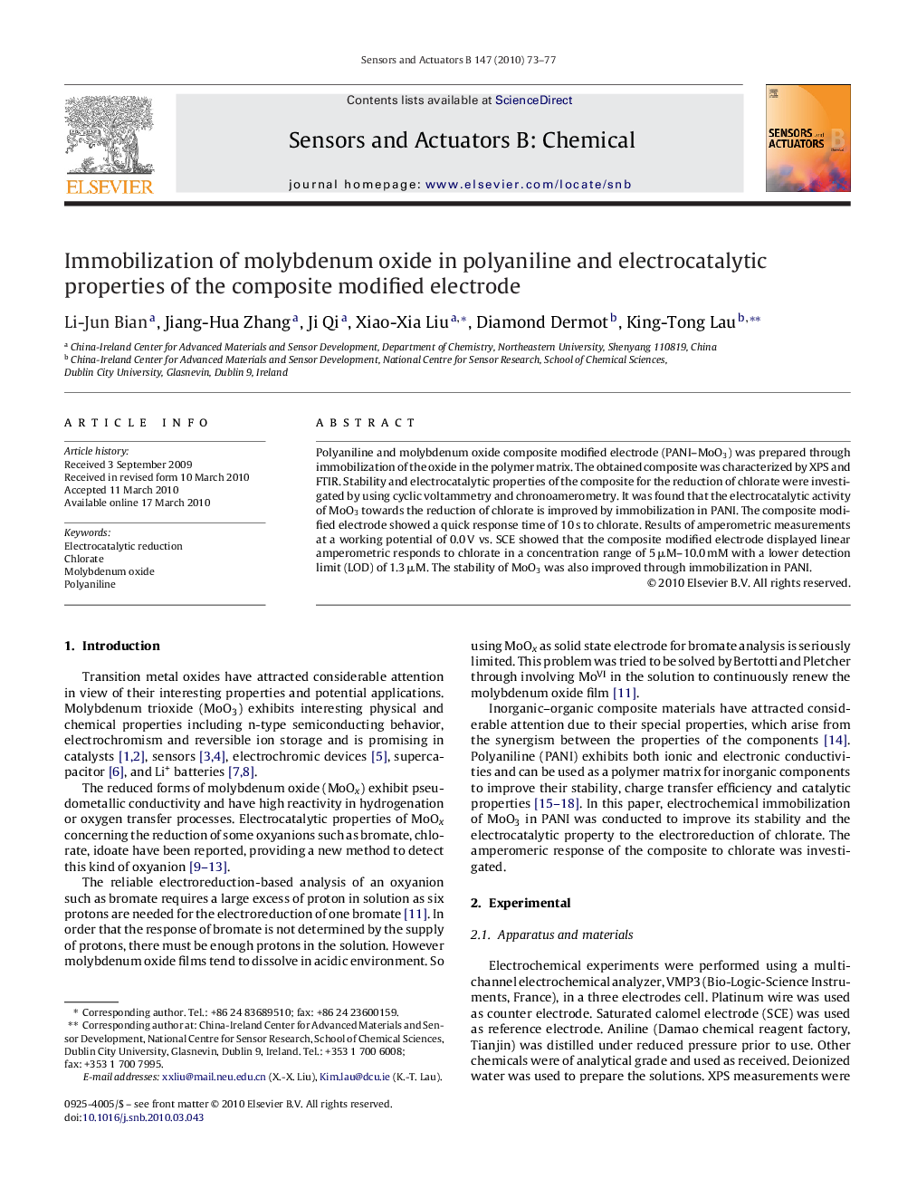 Immobilization of molybdenum oxide in polyaniline and electrocatalytic properties of the composite modified electrode