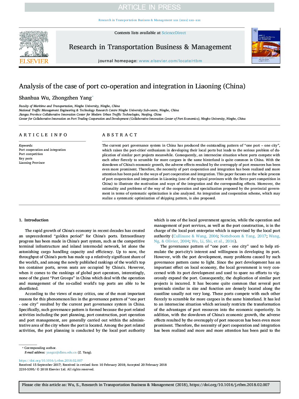 Analysis of the case of port co-operation and integration in Liaoning (China)