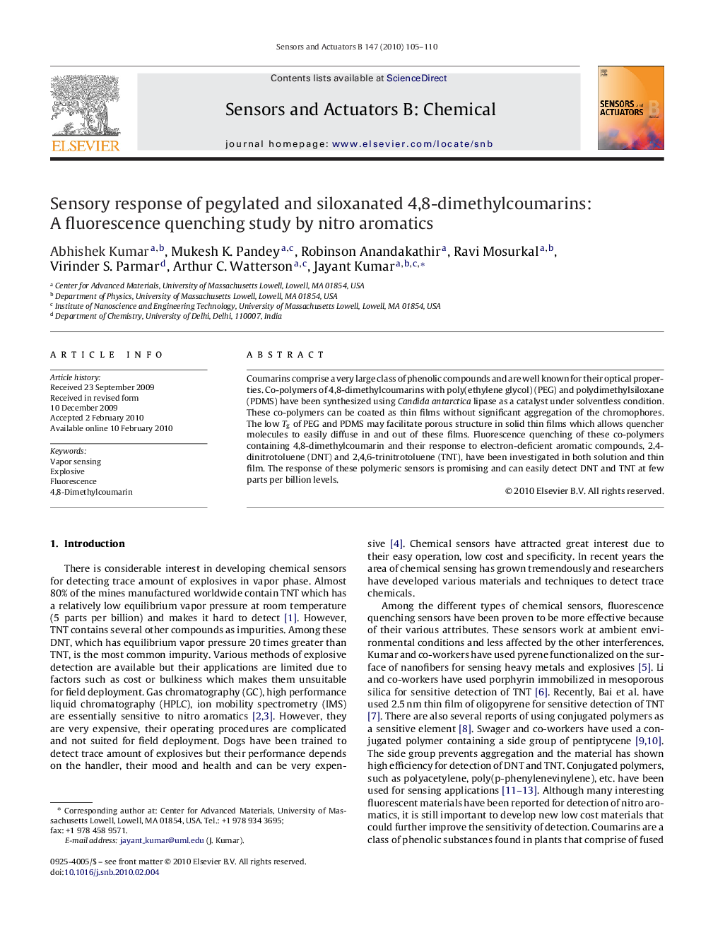 Sensory response of pegylated and siloxanated 4,8-dimethylcoumarins: A fluorescence quenching study by nitro aromatics