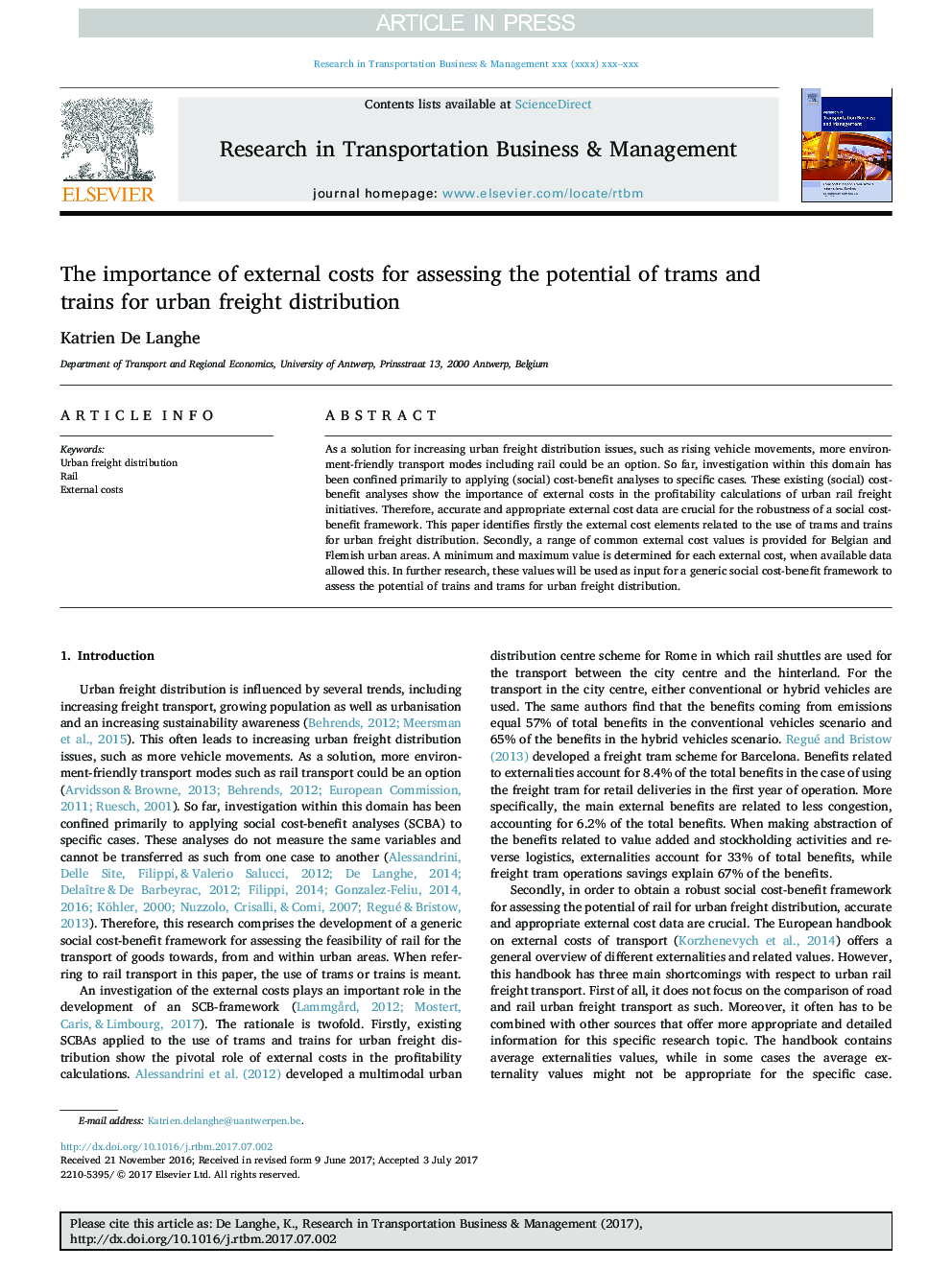 The importance of external costs for assessing the potential of trams and trains for urban freight distribution