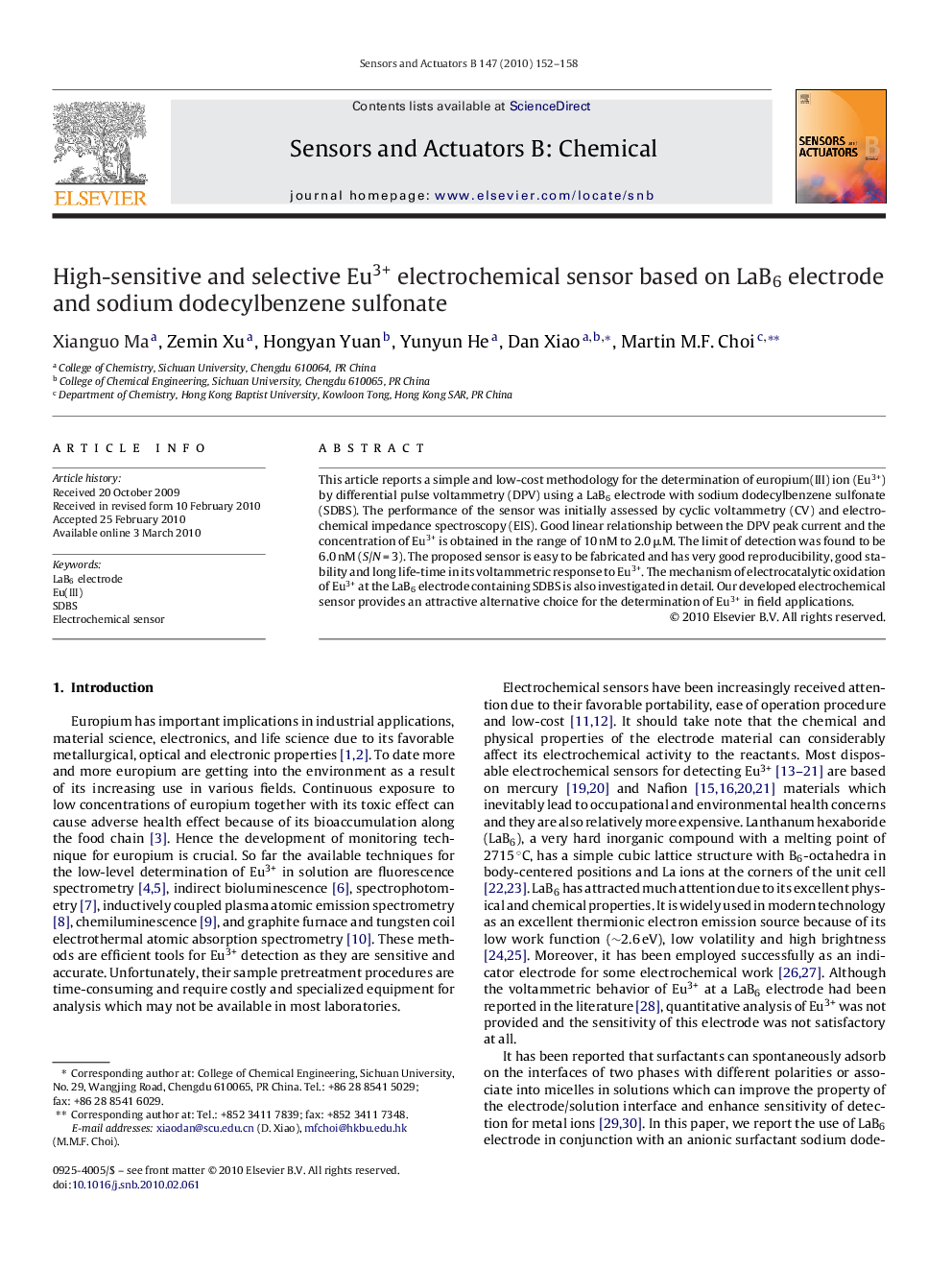 High-sensitive and selective Eu3+ electrochemical sensor based on LaB6 electrode and sodium dodecylbenzene sulfonate