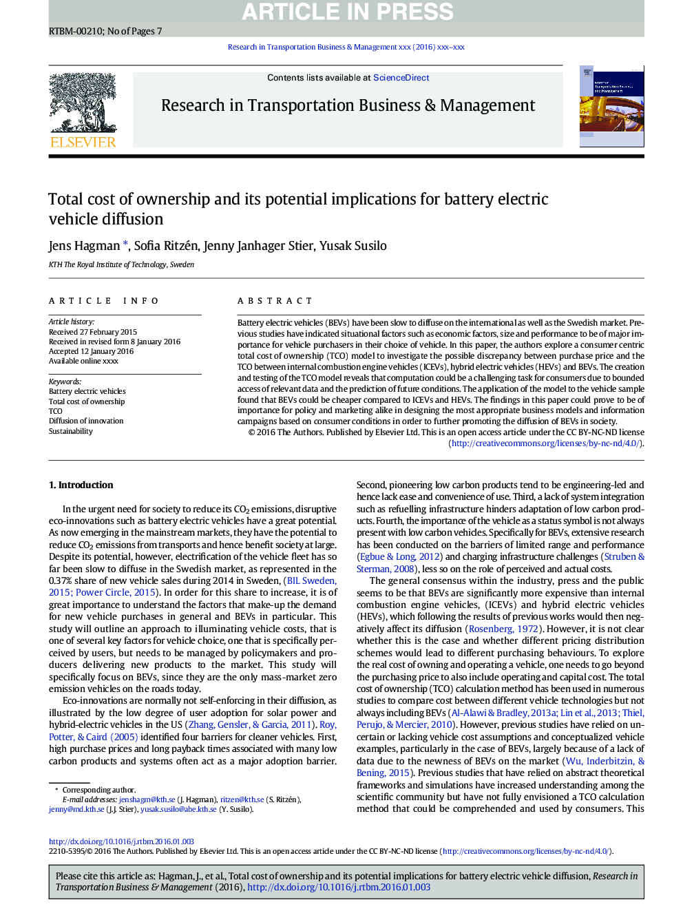 Total cost of ownership and its potential implications for battery electric vehicle diffusion