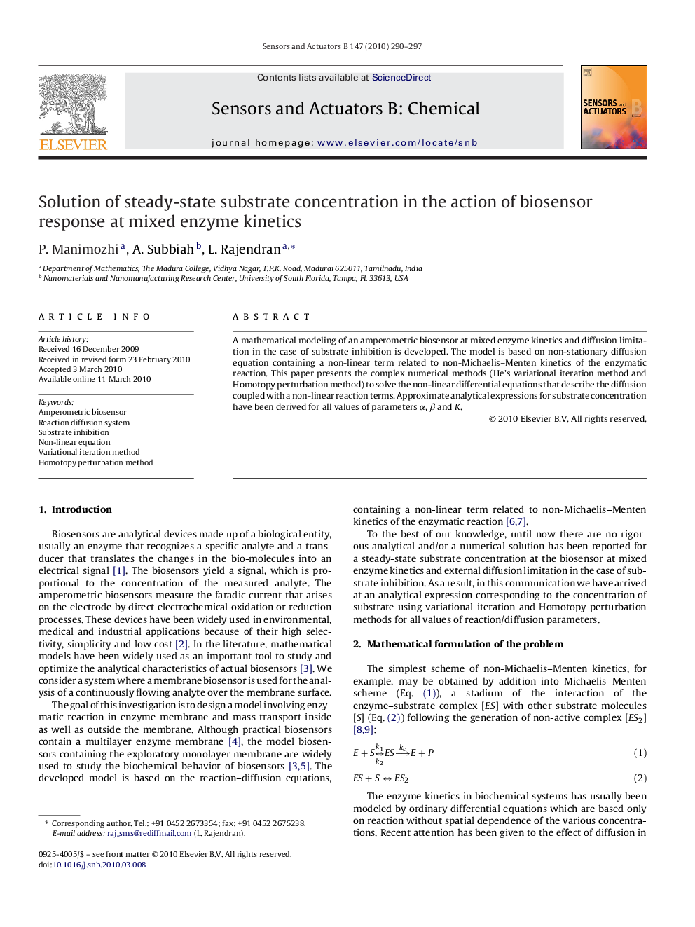 Solution of steady-state substrate concentration in the action of biosensor response at mixed enzyme kinetics