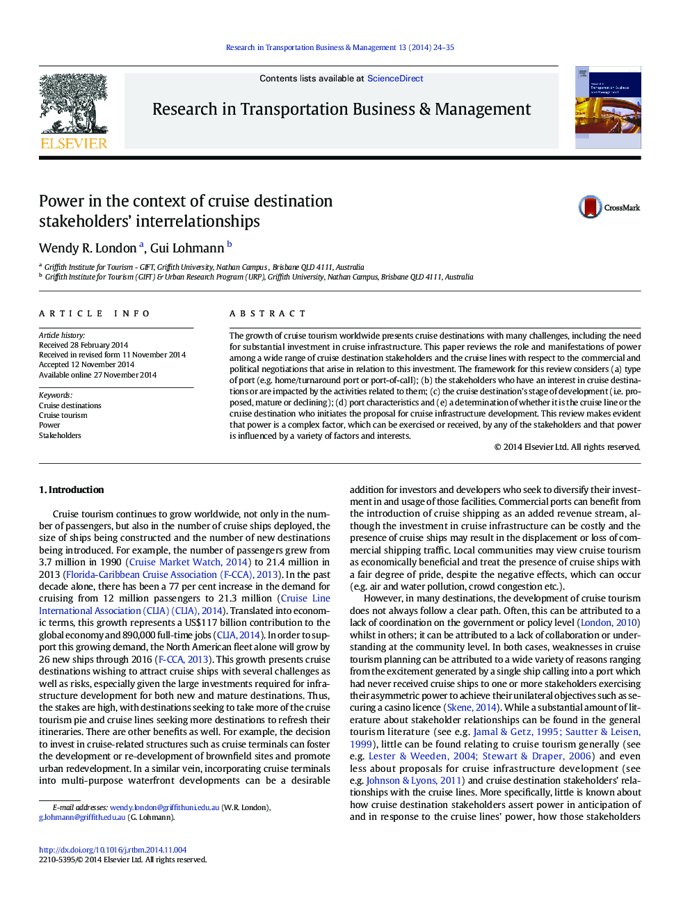 Power in the context of cruise destination stakeholders' interrelationships