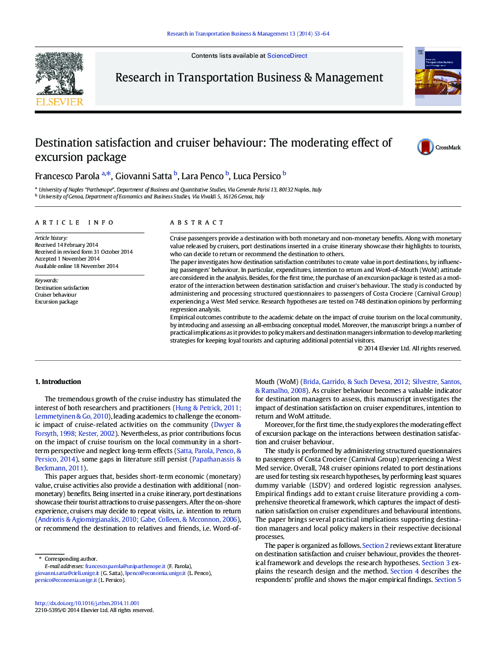 Destination satisfaction and cruiser behaviour: The moderating effect of excursion package