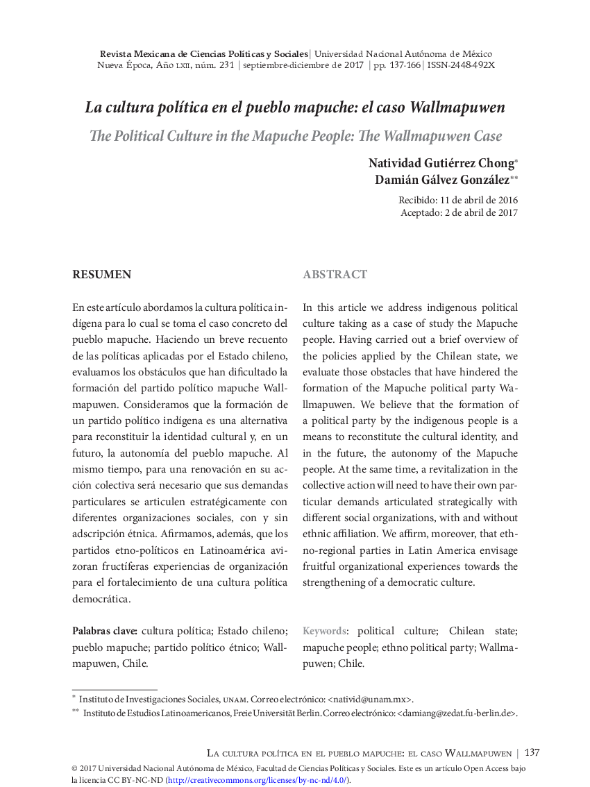La cultura polÃ­tica en el pueblo mapuche: el caso Wallmapuwen